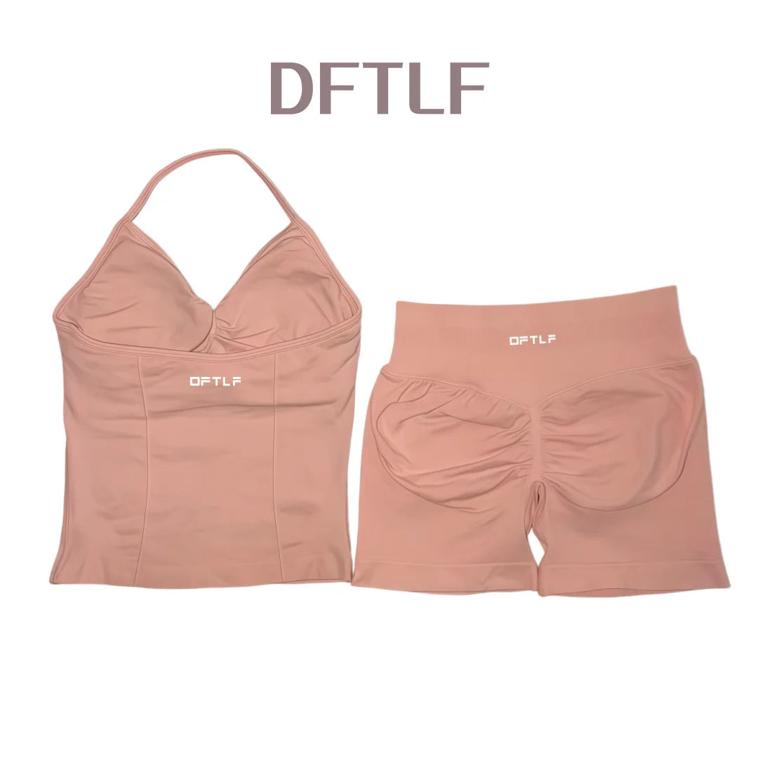 DFTLF 2 Pieces Sports Set Women Backless Tank Yoga Tops High Waist Scrunch Seamless Shorts Sport Gym Set Sportswear Workout Set