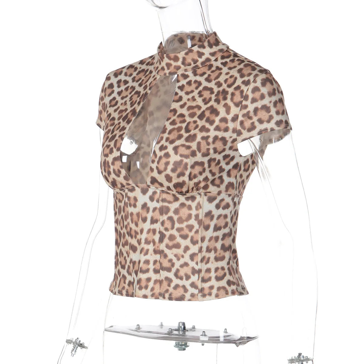 FDYOUI 2026 Summer Hollow Out Backless T-shirts Women's Sexy Short Sleeve Leopard Print Tee Shirt Lady Slim Crop Tops Streetwear