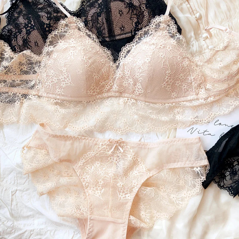 French Lace Triangular Cup Push Up Bra Set Women Sexy Lingerie Summer Comfort Fine Shoulder Strap Bras Backless Underwear Sets