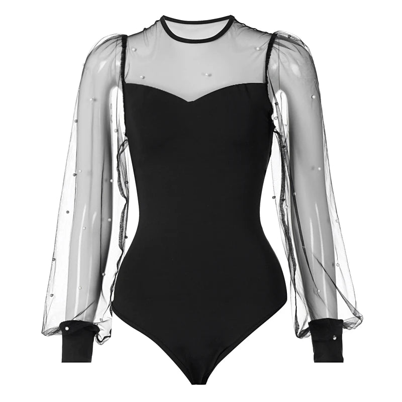 Women Pearl Mesh Puff Sleeve Bodysuit 2024 Fashion Long Sleeve Vintage Body Top Summer Fall Elegant Sexy Blouse Shirts Female