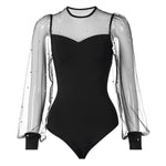 Women Pearl Mesh Puff Sleeve Bodysuit 2024 Fashion Long Sleeve Vintage Body Top Summer Fall Elegant Sexy Blouse Shirts Female