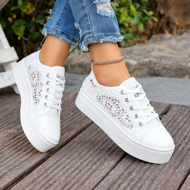 Fashion Women Shoes 2026 Fashion Summer Casual White Shoes Cutouts Lace Hollow Breathable Platform Flat Shoes Woman Sneakers