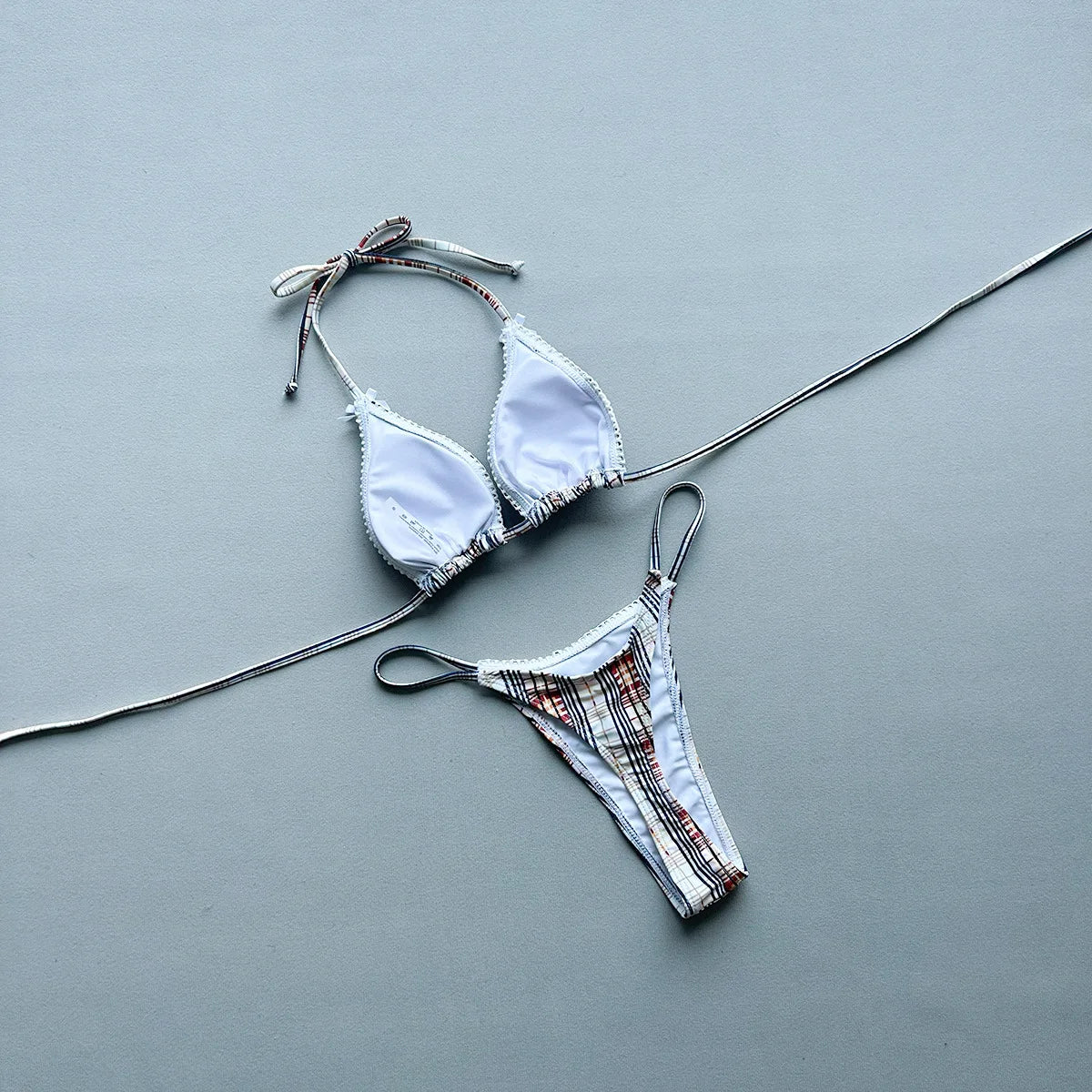 New 2026 Women's Micro Bikini Set Plaid Print Neck Lace-up Backless Biquini Beachwear Sexy Push Up Thong Low WaistBathing Suit