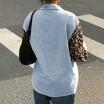 2026 New Women's Loose Casual Leopard Stripe Patchwork Long Sleeve Shirt with Pockets Turn Down Collar Blouse Top