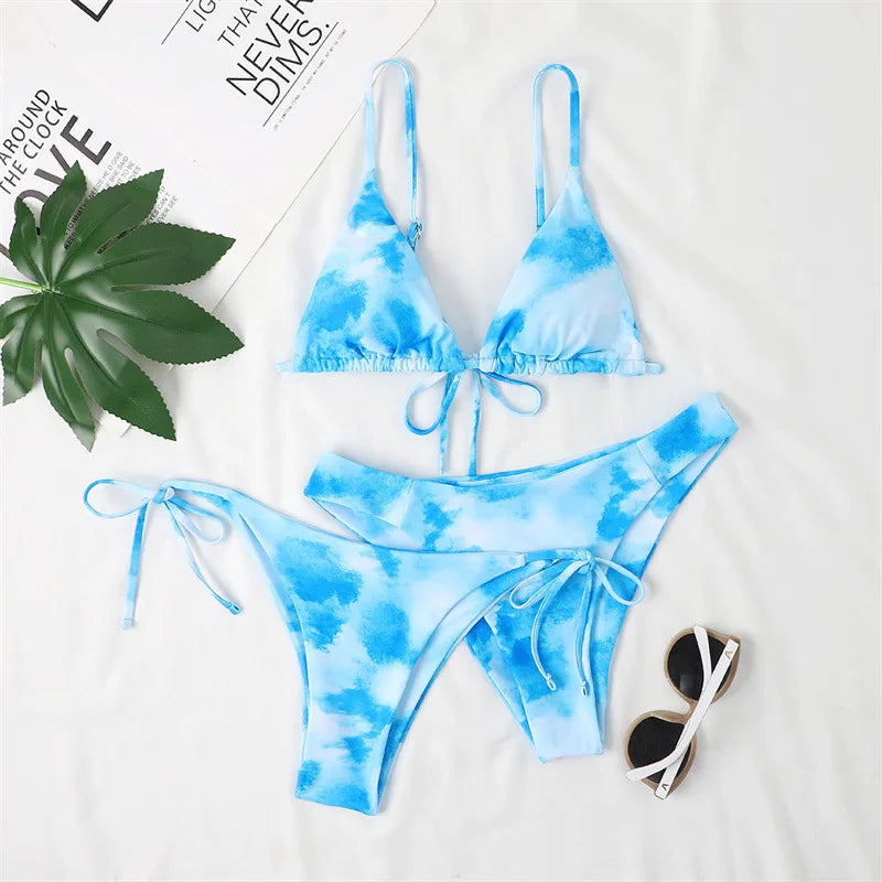 Sexy 3 Piece Bikini Set Women Solid Blue Purple Push Up Bandage Triangle Swimsuit Brazilian Beach Bathing Suit Swumwear Biquini