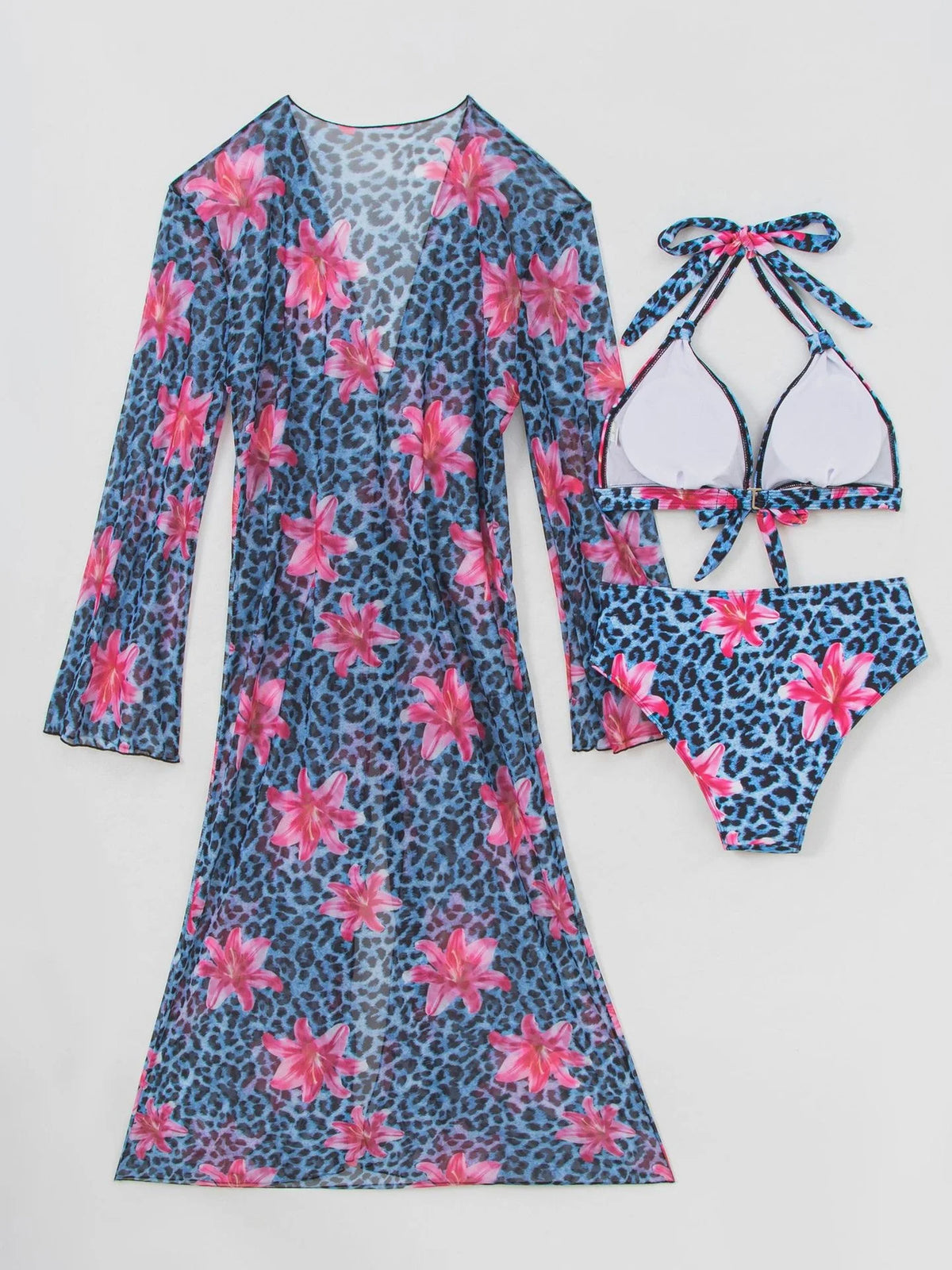Blue Leopard Print Bikini Set Large Size Women Front Tie Push Up High Waist Swimsuit 2026 Long Sleeve Cover Up 3 Piece Swimsuit