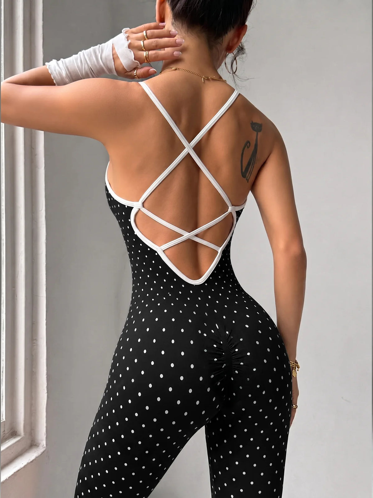 Sexy Black Polka Dot Print Patchwork Yoga Jumpsuit Women Sleeveless Hollow Out Backless Cross Fitness Sports One Piece Suits