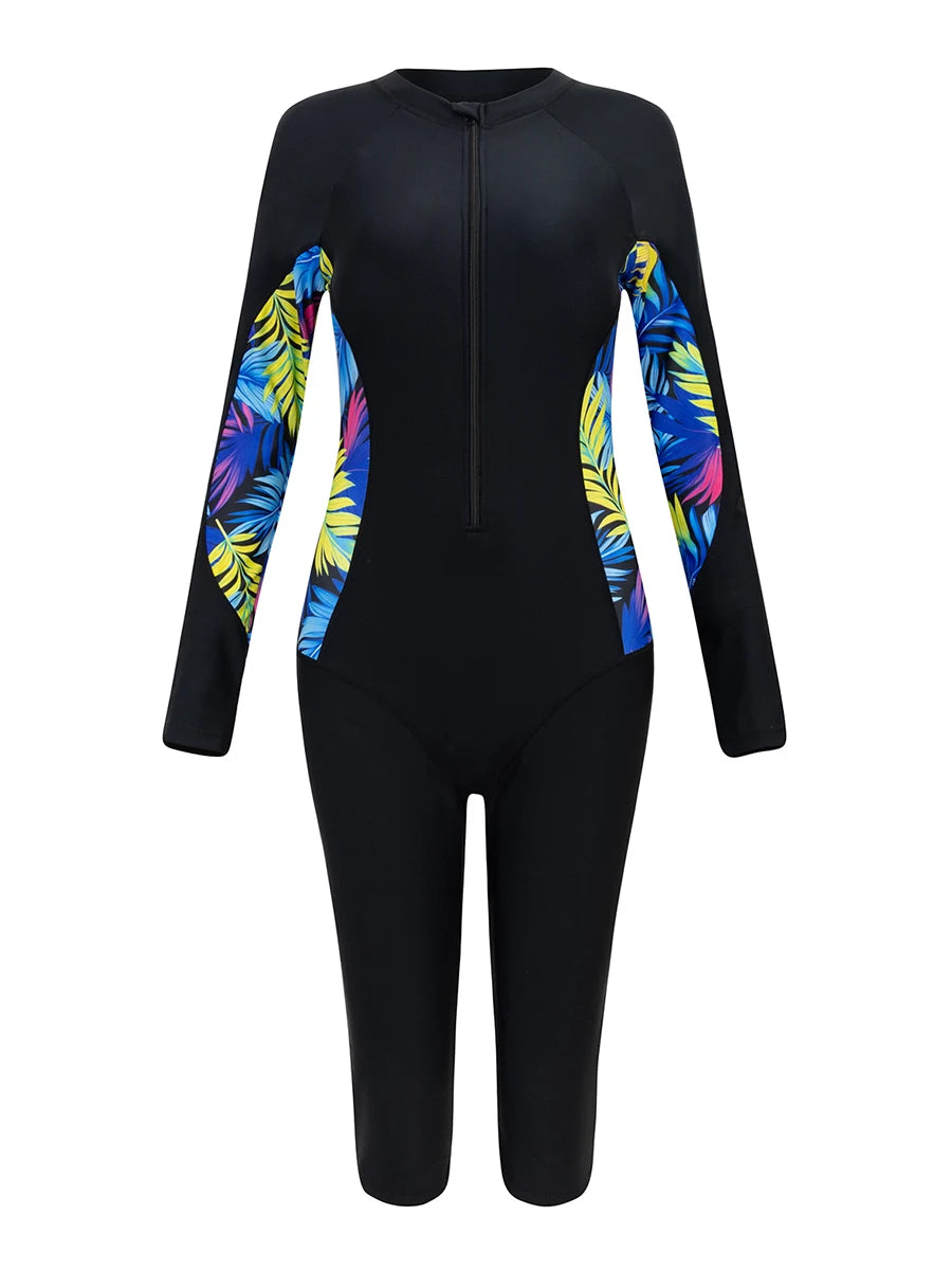 2026 Zipper Rushguard Long Sleeve Surfing Swimsuit Women One Piece Printed Swimwear Female Bather Bathing Swimming Swim Suit XXL
