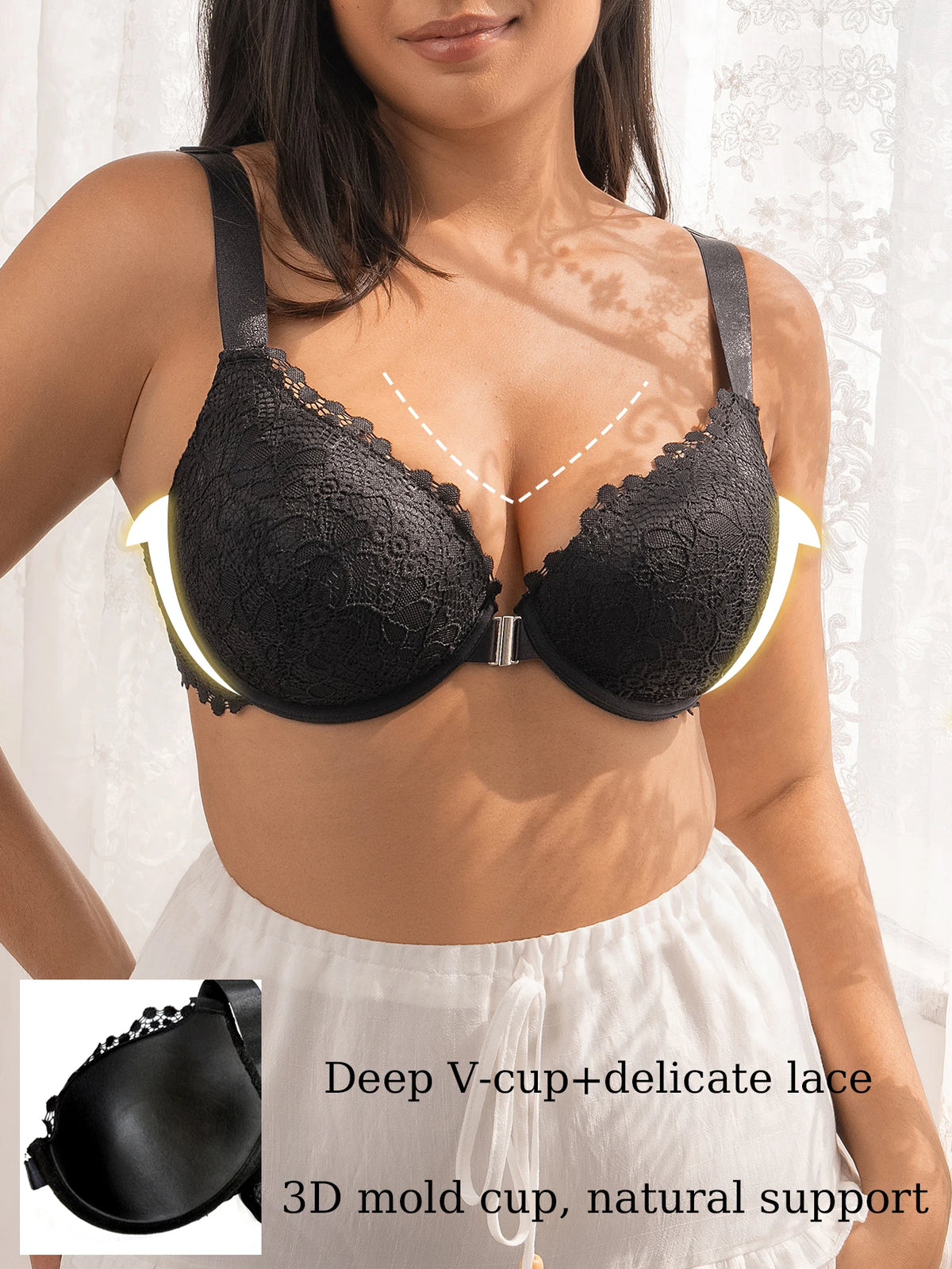 Wide Strap Lace Women Bra Front Closure Underwire Push Up Brassiere Plus Size C D E Cup Breathable Back Lingerie