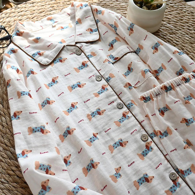 Cartoon Print Pajamas 2 Piece Long Sleeve Trousers Suit Women Soft Cotton Home Wear Summer New Sleepwear Pijamas Loungewear