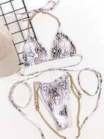 2026 Sexy Bikini Women Snakeskin Print Cross Bandage Halter Chain Strap Swimwear Swimsuit Female Beach Bikinis Set Bathing Suit