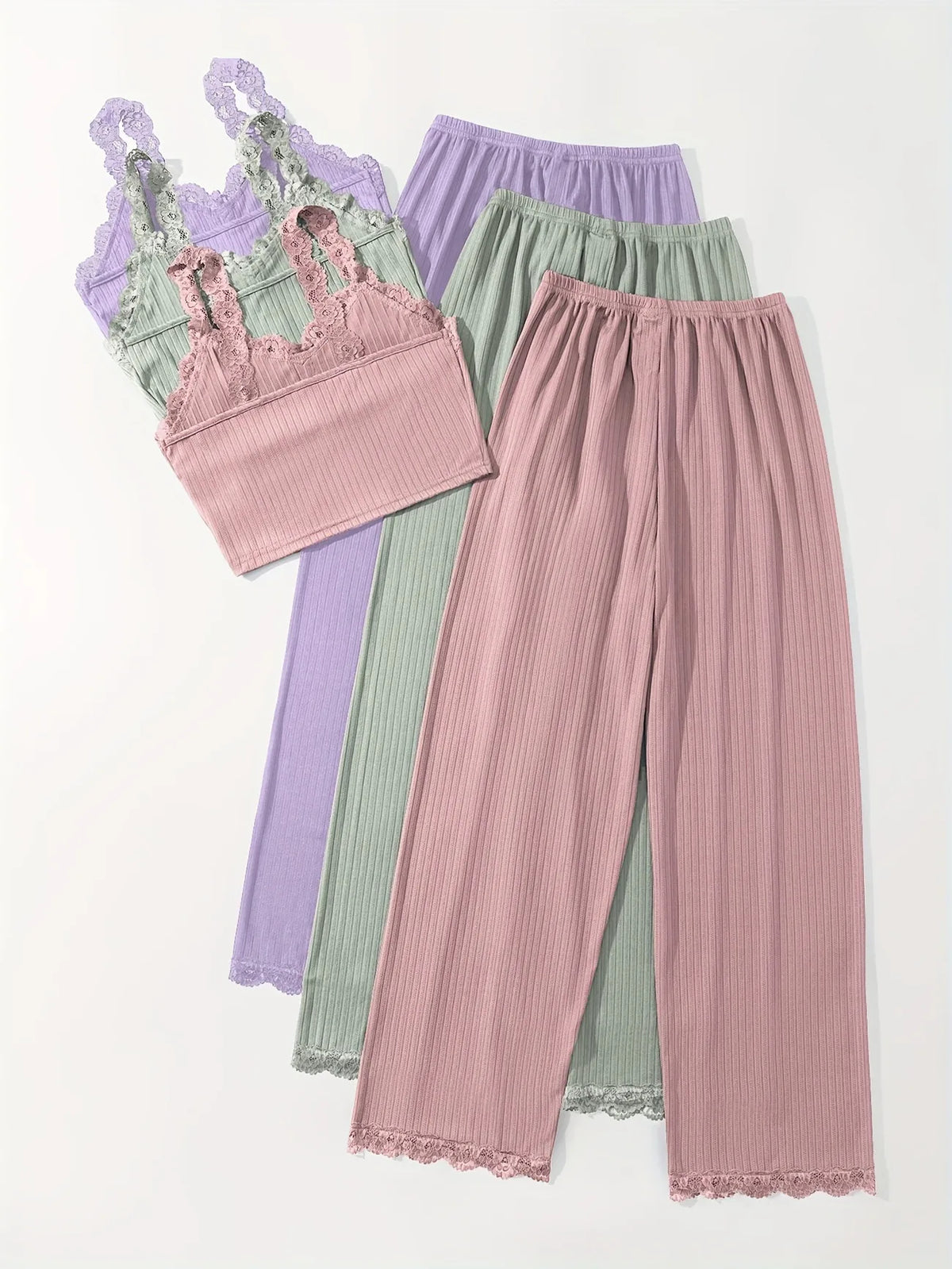 Women Ribbed Pajama Set Lace Trim Cami Top and Pants Sleepwear Soft Breathable Button Front Loungewear