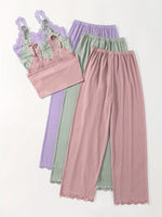 Women Ribbed Pajama Set Lace Trim Cami Top and Pants Sleepwear Soft Breathable Button Front Loungewear