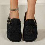 Women Hollow Out Clogs Slippers Perforated Cork Sole Flat Mules Buckle Closed Toe Breathable Indoor Outdoor Summer Shoes