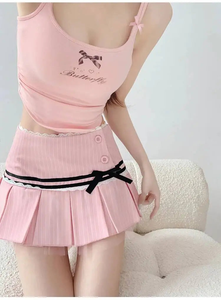 Striped Contrasting Color Bow Lace Splicing Pleated Skirt Women 2026 Summer American Style Low WaistA-line Short Skirt UBFK