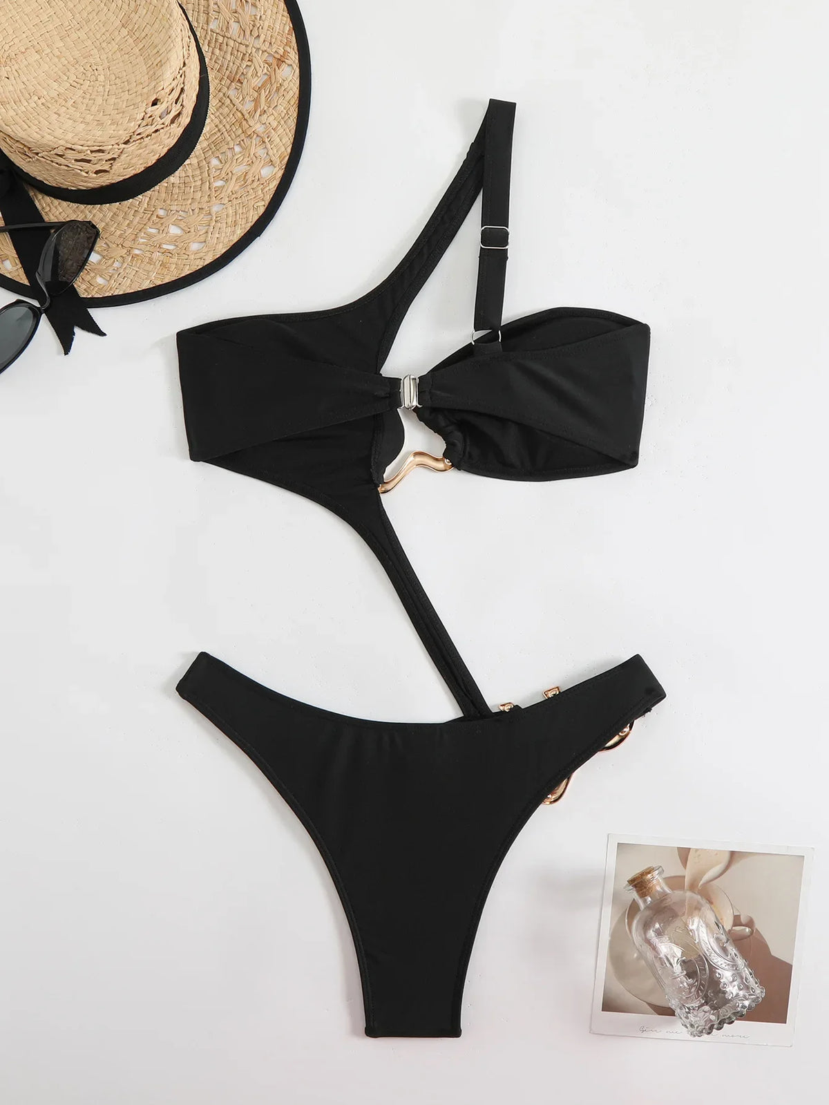 Sexy Black Hollow Out Bikini 2025 Women One Shoulder Metal DesignerBackless Thong One Piece Swimsuit Summer Bathing Suits