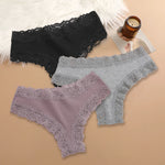 3Pcs Sexy Women Cotton Brazilian Pants Lace Brazilian Briefs Low Waist Floral Solid Color G-string Breathable Soft Lingerie
