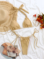 Sexy Pearls Triangle Bikini Set 2026 Women Khaki Bow Strap Push Up Bra Holiday Swimsuit Brazilian Bathing Suit Micro Swimwear