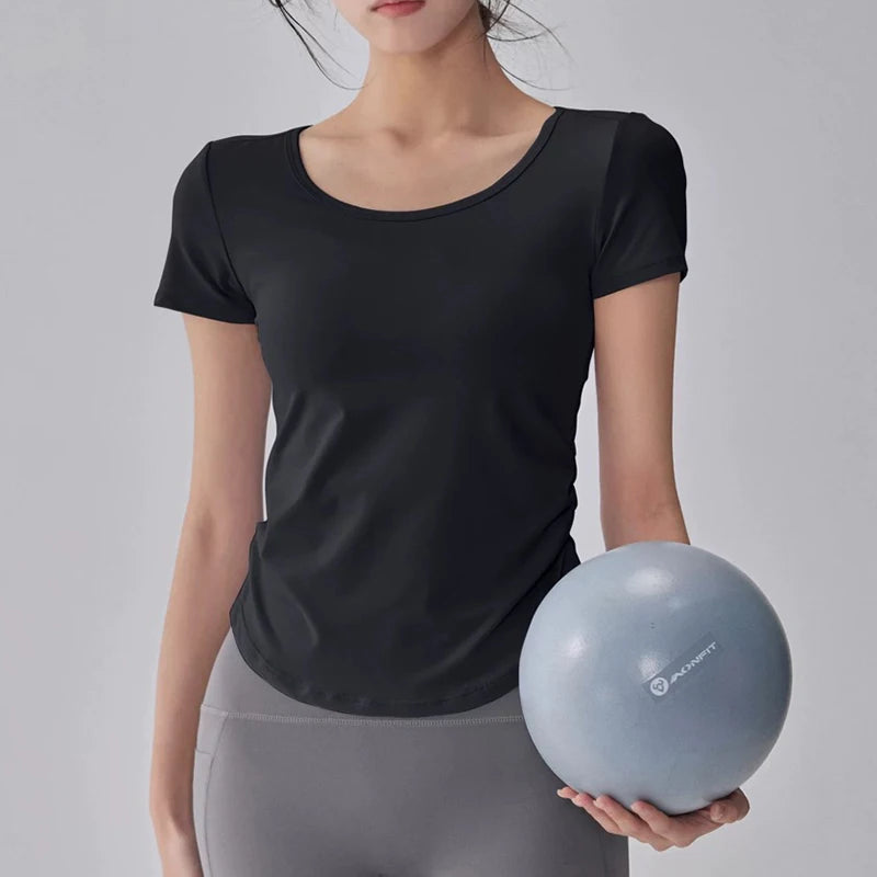 Women's Summer Yoga Sports Top Short Sleeve Pleated Waist Cinching Mesh Spliced Breathable Fitness T-Shirt