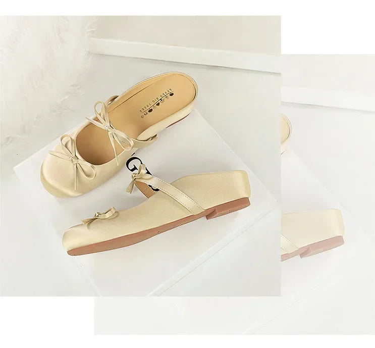 BIGTREE Satin Bow With One Strap With Shallow Mouth Half-Tugging Women's Hollow Inner Heightened Round-Head Sandals Comfortable