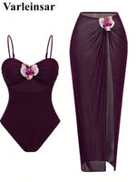S - XL New 3D Flowers With Skirt One Piece Swimsuit Women Swimwear Female High Cut Leg Monokini Bather Bathing Suit Swim V8018
