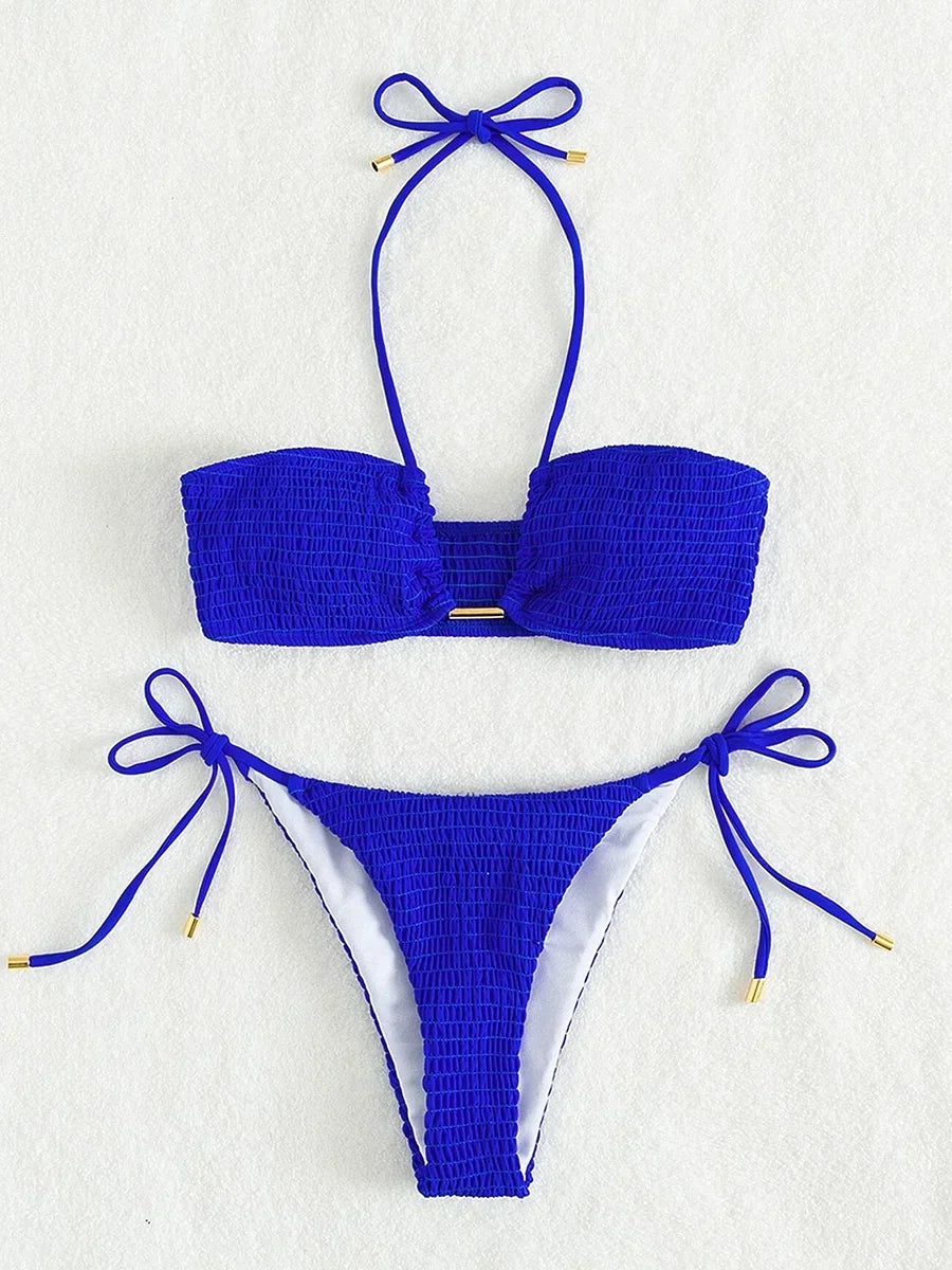 Halter Tie Side Pleated Smocked Bikini Women Bandeau Swimsuit Female Swimwear Two Pieces Bikini Set Bathing Suit Swim Beach Wear