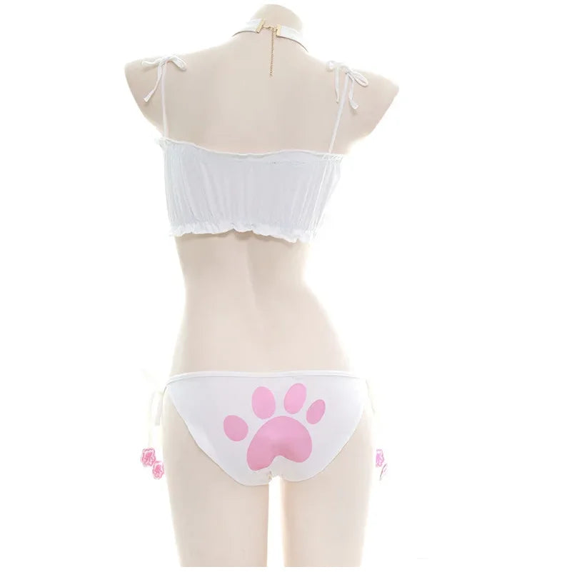 Japanese Anime Cat Cosplay Uniform Bra Panties Set Women Intimates Kawaii Lolita Hollow Out Sexy Lingerie Underwear Set