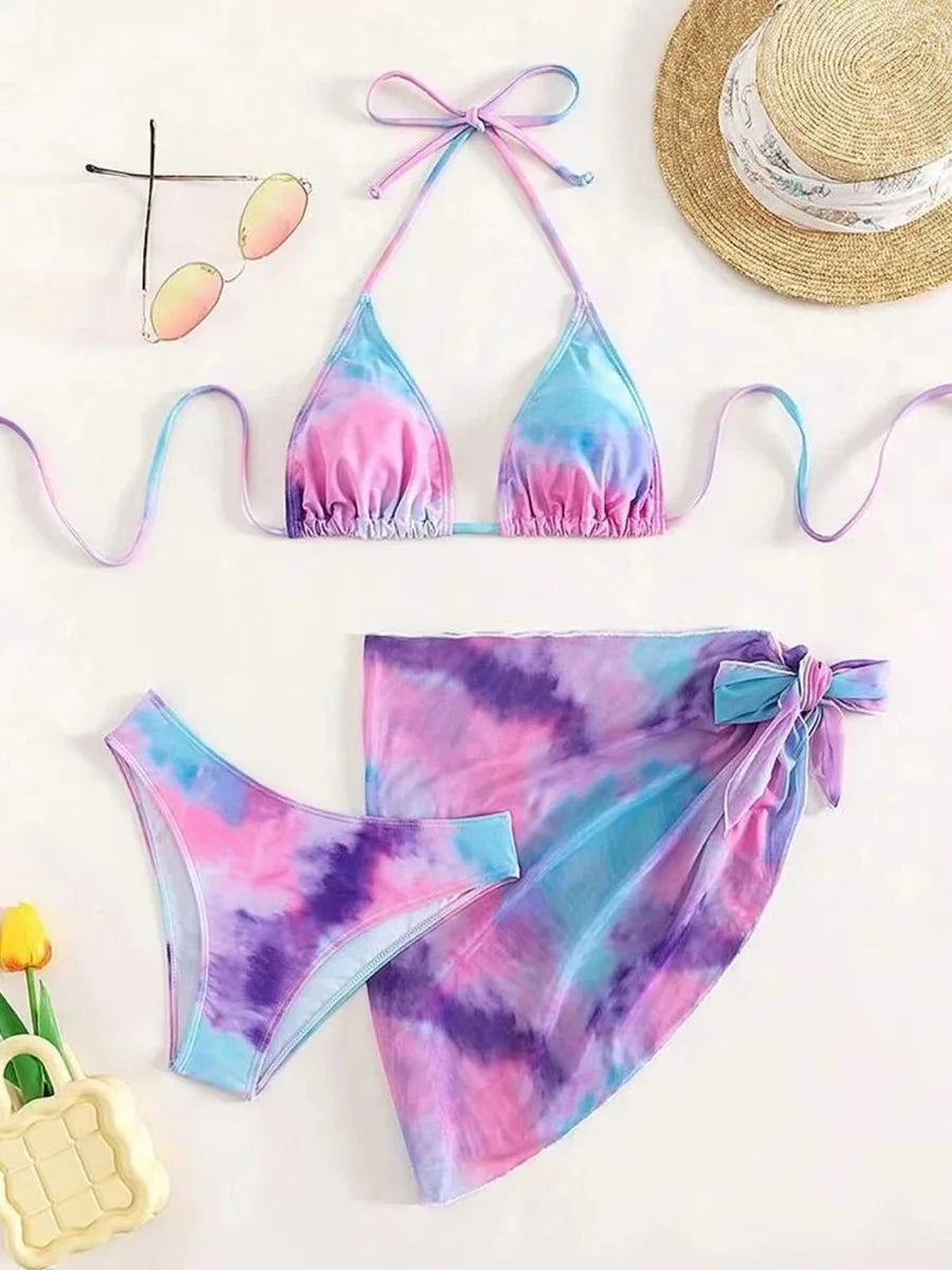 With Mesh Skirt Sarong Tie Dye Micro Bikini Women Swimsuit Female Swimwear Three Pieces Bikini Set Bathing Suit Swim Beachwear