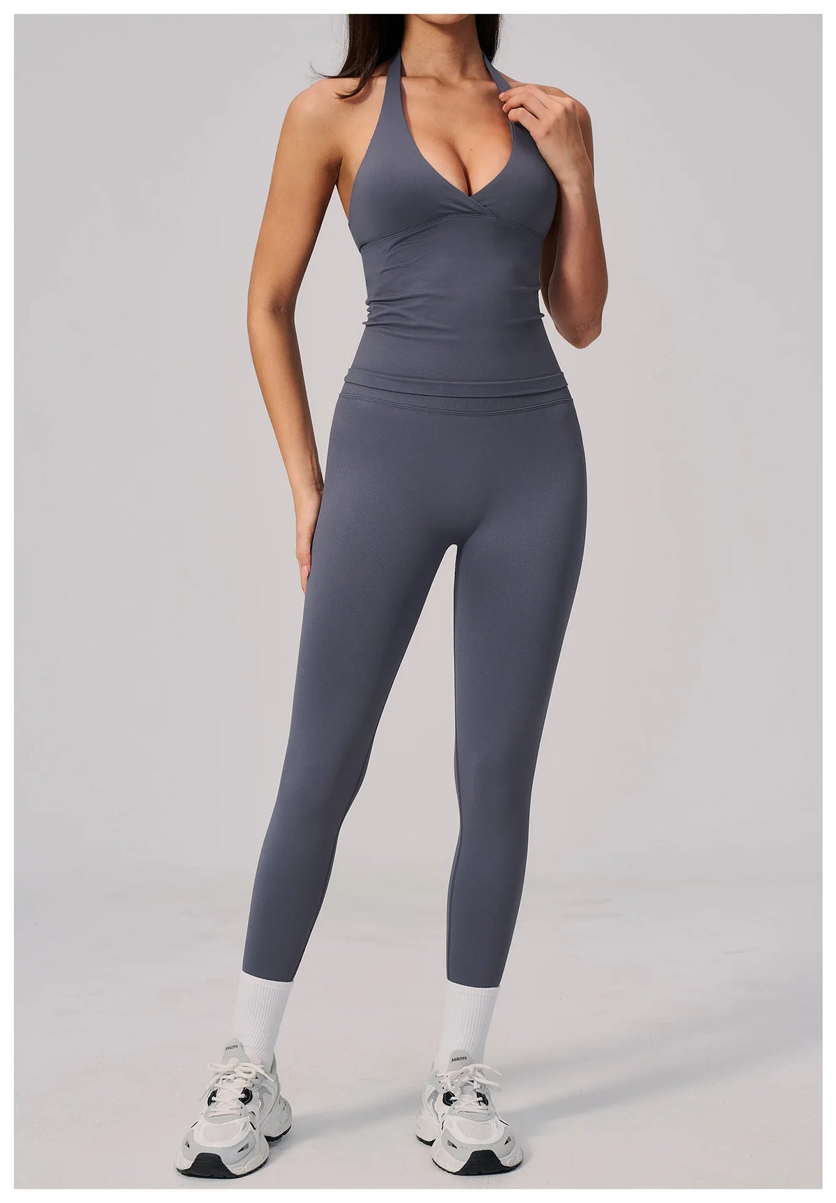 Summer Seamless Yoga Sets Women V Neck Slim Sports Tank Top Fitness Suit Peach Hip High Elasticity Leggings Running Tracksuit