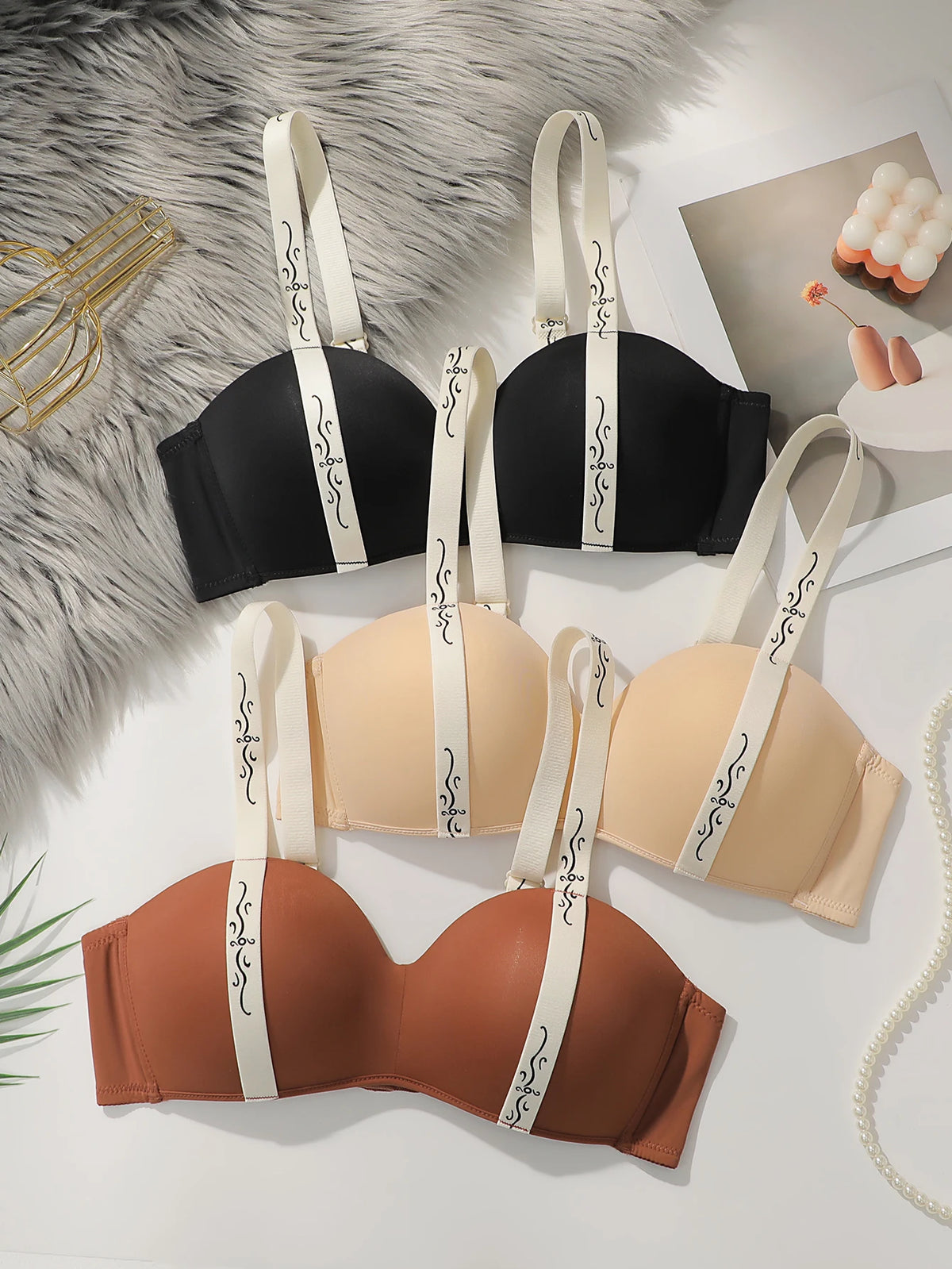 3Pcs Women Wireless Seamless Bra Contrast Printed Wide Straps Back Closure Smooth Everyday Underwear B3054