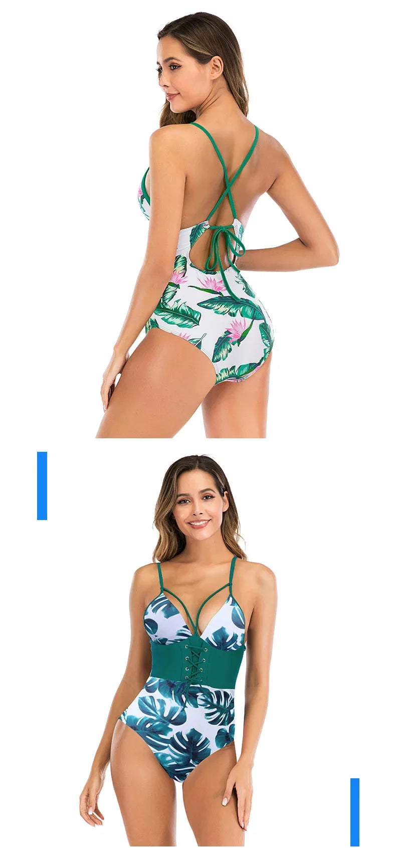Sexy One Piece Swimsuit Swimwear Women Leaf Print Patchwork Hollow Cross Straps Backless Beachwear Bathing Suit Banadores Mujer
