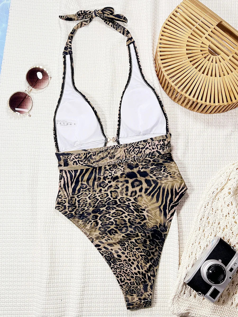 Tiger Printed Halter Deep V Neck One Piece Swimsuit Women Swimwear Female Backless Monokini High Cut Bathing Suit Swim Bodysuit