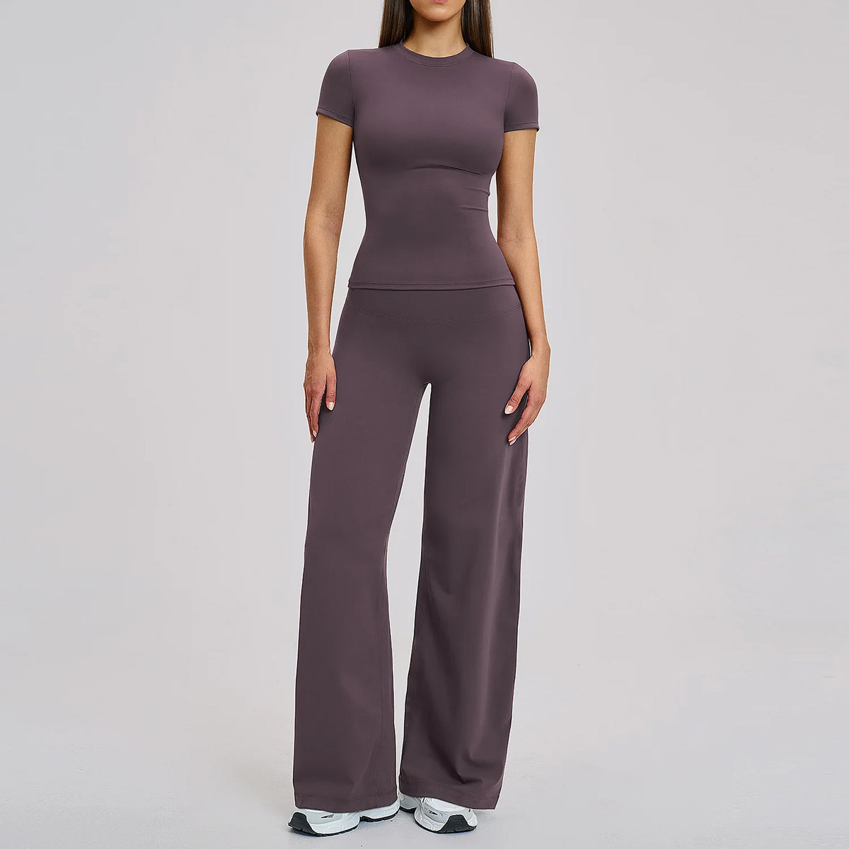 Yoga Set 2 Pieces Women's Tracksuit Short Sleeve O Neck Slim Sports T Shirts High Waist Flare Leggings Gym Running Fitness Suit