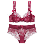 French Sexy Ultra Thin Bra Set Women Red Temptation Underwear Lace Embroidery Breathable Lingerie Romantic Bow Decorative Bras