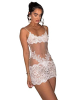 Women's Fashion Lace Solid Slips Patchwork Sexy Slim See Through Mini Dress Summer Vacation Party Night Club Outfit Hugcitar