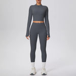 New Women Yoga Set Solid Color Double-Sided Brushed Bare Feel Short Long-Sleeve Jacket Tight Pants Running Fitness 2-Piece Set
