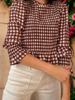 Women Fashionable Casual Round Neck Smocked Bubble 3/4 Sleeve Tops Summer Fall Plaid Print Ruffled T-shirts
