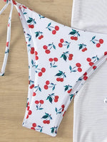 With Mesh Sarong Skirt Cherry Printed Bikini Female Swimsuit Women Swimwear Three Pieces Bikini Set Bathing Suit Swim Beachwear