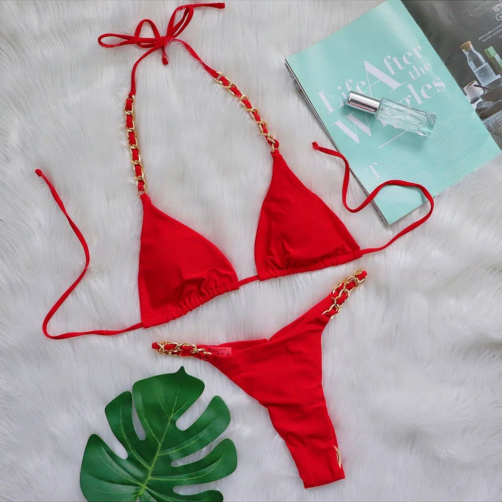 DEKA Brazilian Chain Bikini Set Women's Swimsuit Stylish Solid Thong Swimwear Diamond Separate Beachwear Bathing Suit