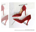 Women 10cm Super High Heels Pointed Toe Side Hollow Work Pumps Metal Crystal Buckle Velvet Stiletto Fashion Banquet Lady Shoes