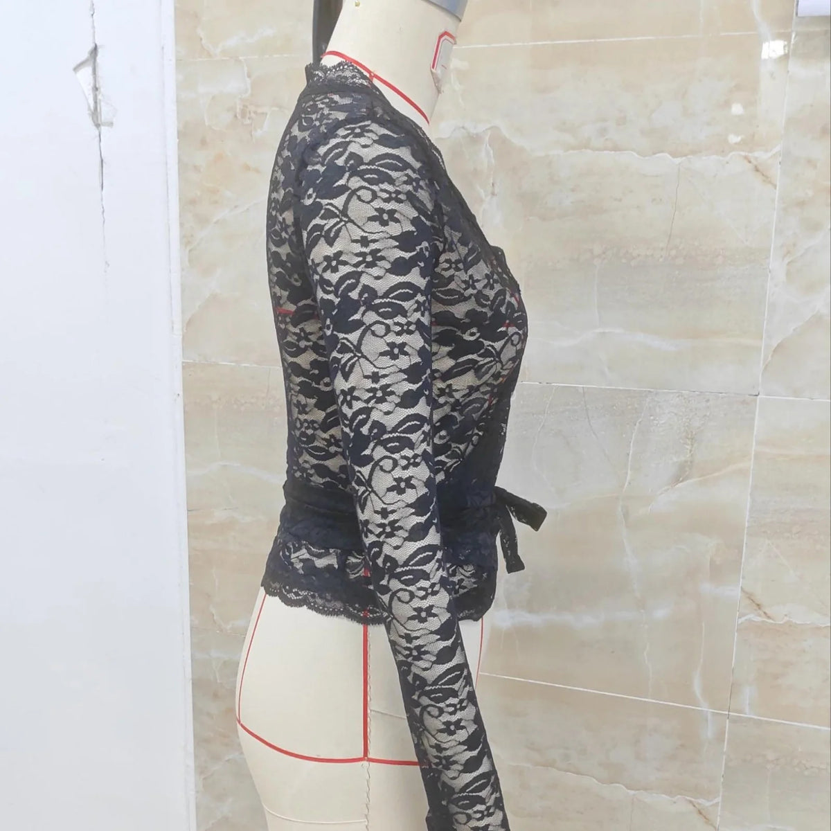Spring Summer Deep V Neck Bandage Sexy See Through Tops Women Long Sleeve Slim Fit Sheer Lace T-shirts for Party