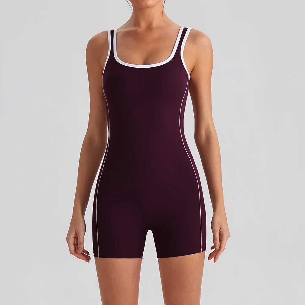 Sexy Sleeveless Backless Scrunch Yoga Jumpsuit Women Color-block U Neck Slim Sports One Piece Suits Tight Fitness Gym Overalls