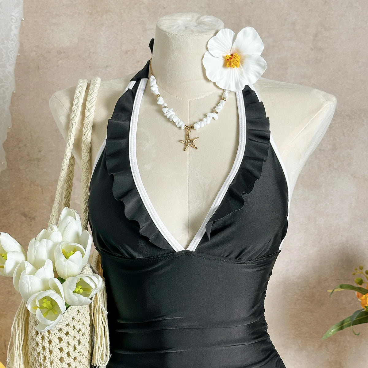 Vintage Black White Patchwork One Piece Swimwear Women 2026 V Neck Hollow Out Slim Bathing Suits Tummy Control Dress Swimsuit