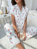 Lace Trim Cherry Print 2 Pieces Pajama Set for Women Sleepwear Short Sleeve Top & Full-Length Pants Nightwear Homewear