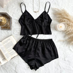 Stain Ice Silk Pajamas Set for Women Spaghetti Straps V Neck Crop Tops and Shorts 2-Pieces Sleepwear Loungewear for Home
