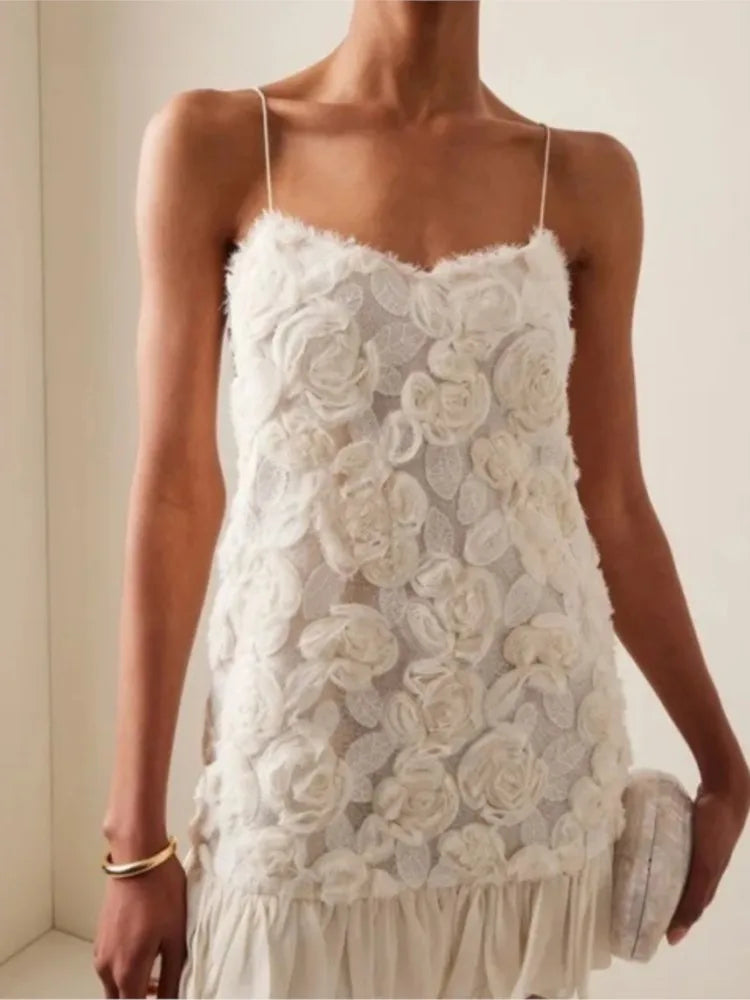 2025 Summer Lady New 3D Flower White Mini Chiffon Dresses Sexy Backless Simple Elegant Fashion Ladies Slim Holiday Party Outfits