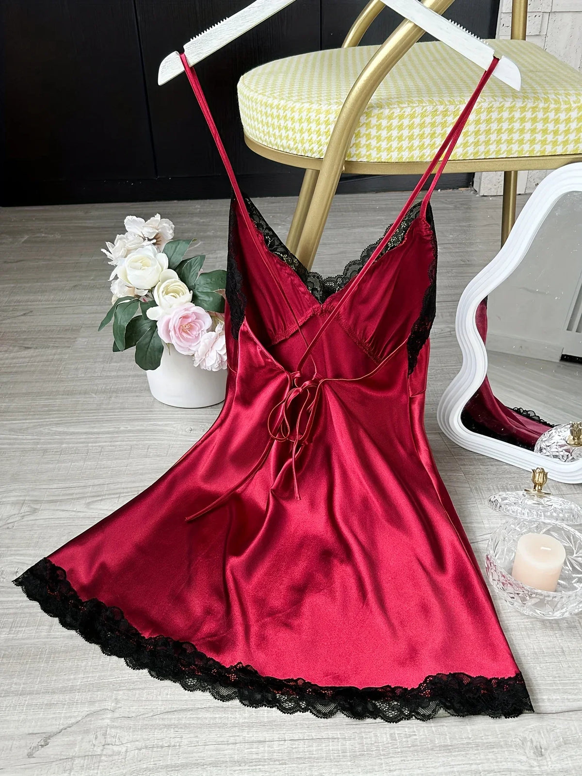 Women's Satin V-Neck Lace Trim Chemise 1-Pc Sexy Mini Nightdress