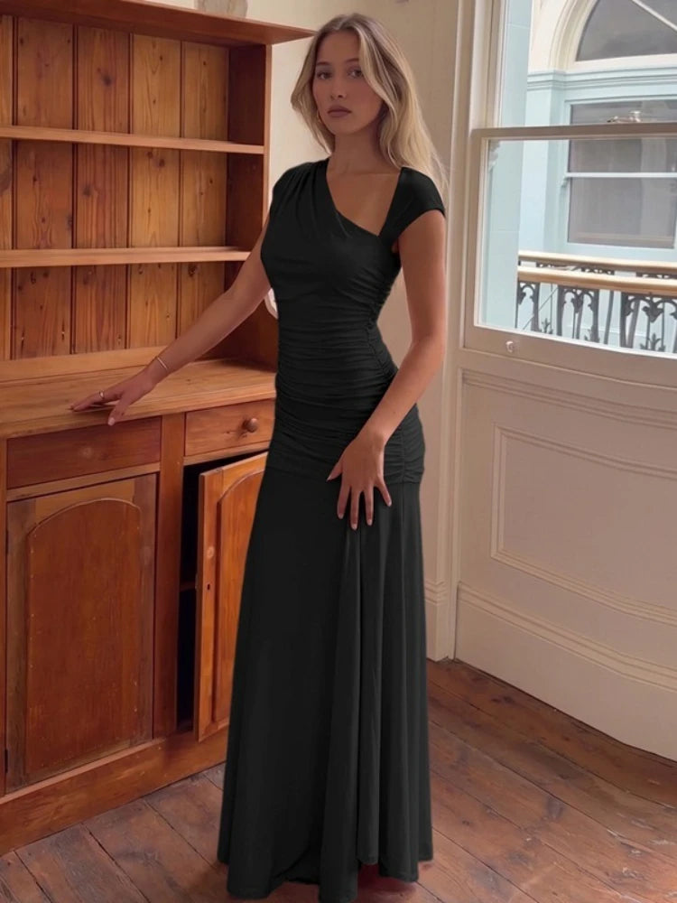 FDYOUI 2026 Summer Diagonal Collar Sleeveless Birthday Dress Women Sexy Tunics Pleated Solid Long Party Dresses Pink Black Gown