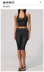New Summer Women White Polka Dot Print Yoga Sets Hanging Neck Slim Sport Vest High Waist Mid Pants Gym Two-piece Workout Clothes