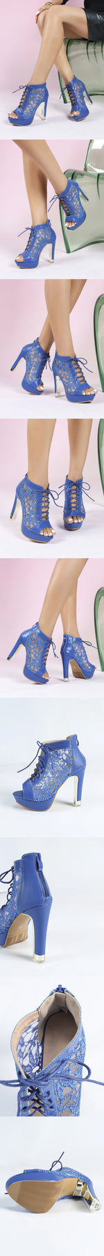 Summer Party Ankle Booties Black High Heels Platform Sandals Women Peep Toe Elegant Lace White Wedding Bridal Dress Shoes